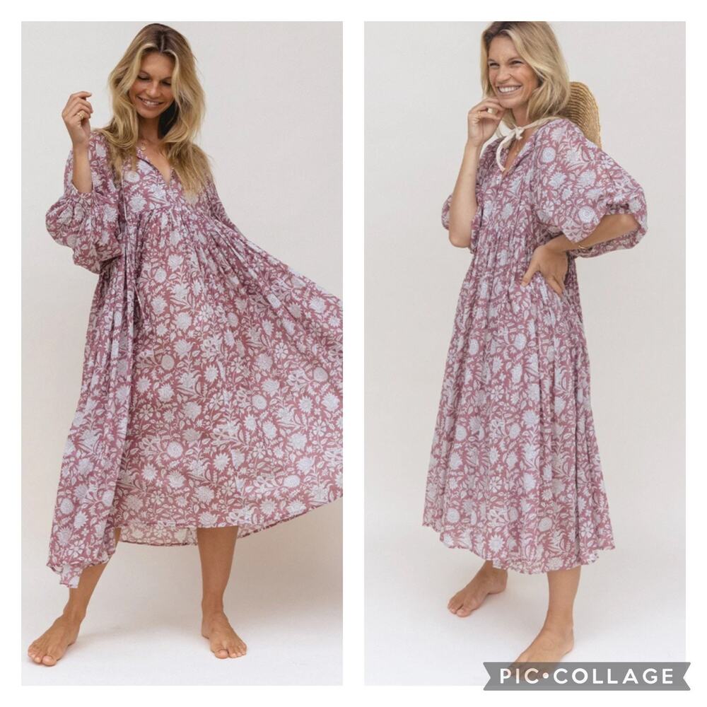 Daughters Of India Kyra Midi Dress Musk Purple Floral Size XL Cotton
